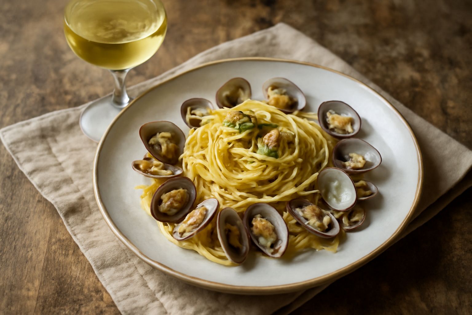 Bicchiere di vino bianco Trebbiano Marchigiano trasparente su fondo bianco, con riflessi dorati e leggera trasparenza, accanto a agrumi freschi e una bottiglia in legno sfocata