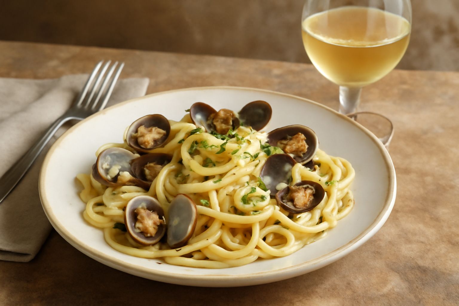 Calice di Trebbiano pesarese trasparente di colore giallo paglierino, servito su tavola di legno accanto a olive verdi e pane toscano, con sfondo di vigneto in penombra