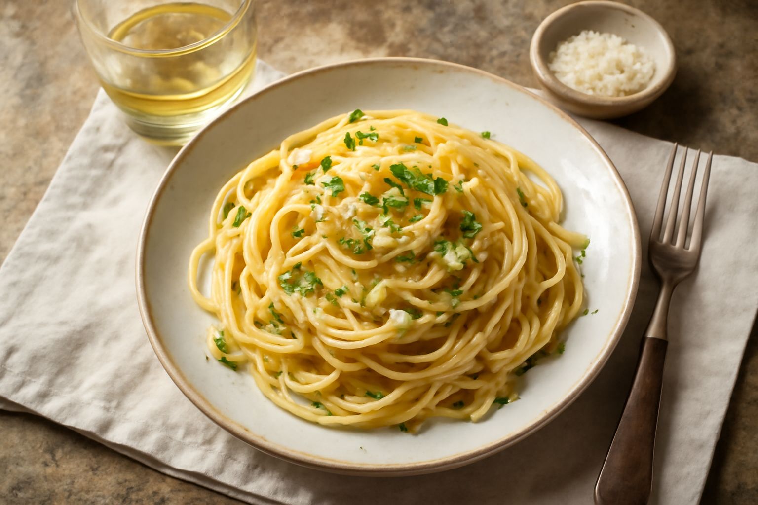 Bottiglia di Trebbiano secco su tavolo di legno, bicchiere di vino bianco giallo paglierino con riflessi di luce, accanto pane toscano e formaggio fresco