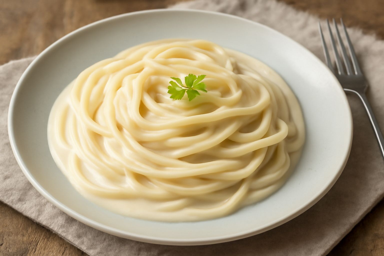 Piatto di pasta crema di Trebbiano Spoletino con aglio e pepe nero, in un piatto bianco ampio, decorato con prezzemolo fresco e una grattugia di parmigiano leggera, bicchiere di vino bianco accanto sf