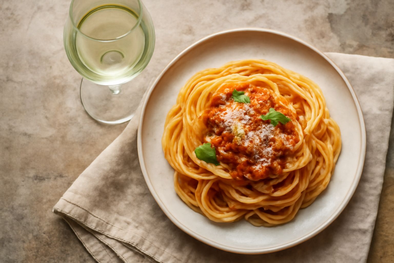 Calice di Trebbiano Toscano con vino bianco paglierino, accanto un piatto di cavolfiore bollito condito con olio e limone, su tavolo di legno chiaro con luce naturale