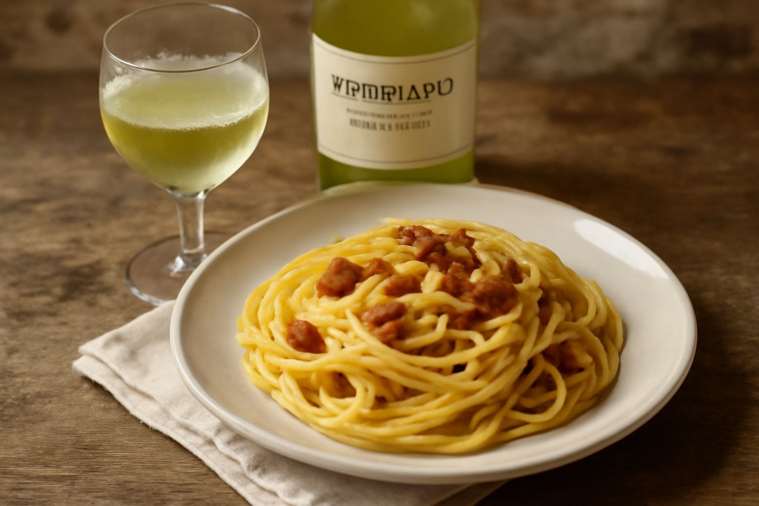 Bicchiere di Trebbiano Val d'Arda color giallo paglierino con sfumature verdi, accanto a un piatto di linguine ai frutti di mare con prezzemolo fresco e limone su tavolo in legno naturale