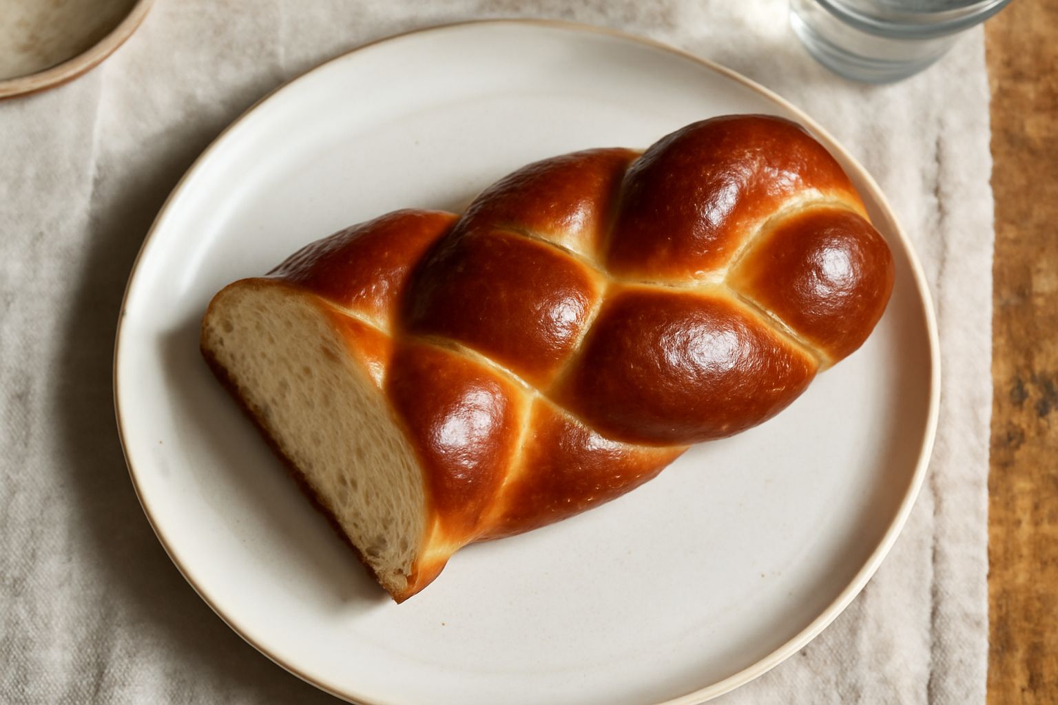 Una treccia di pane dorata e ancora calda, appena tolta dal forno, con tre corde intrecciate ben definite, posta su una tavola di legno con una superficie leggermente lucida e croccante