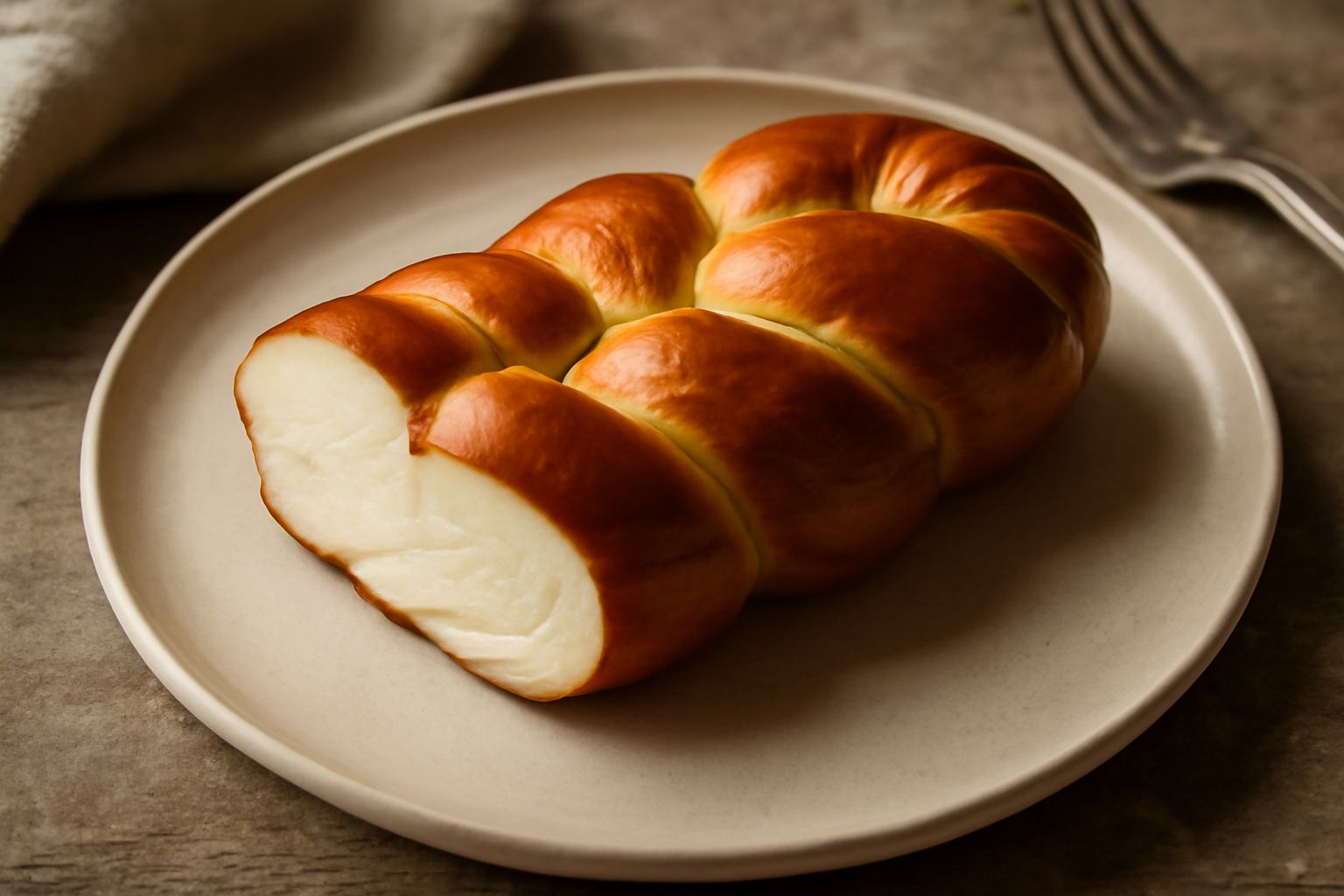 Treccia affumicata di colore marrone dorato con venature più scure, intrecciata, poggiata su un piatto bianco con accanto due fette di pane tostato e un rametto di rosmarino