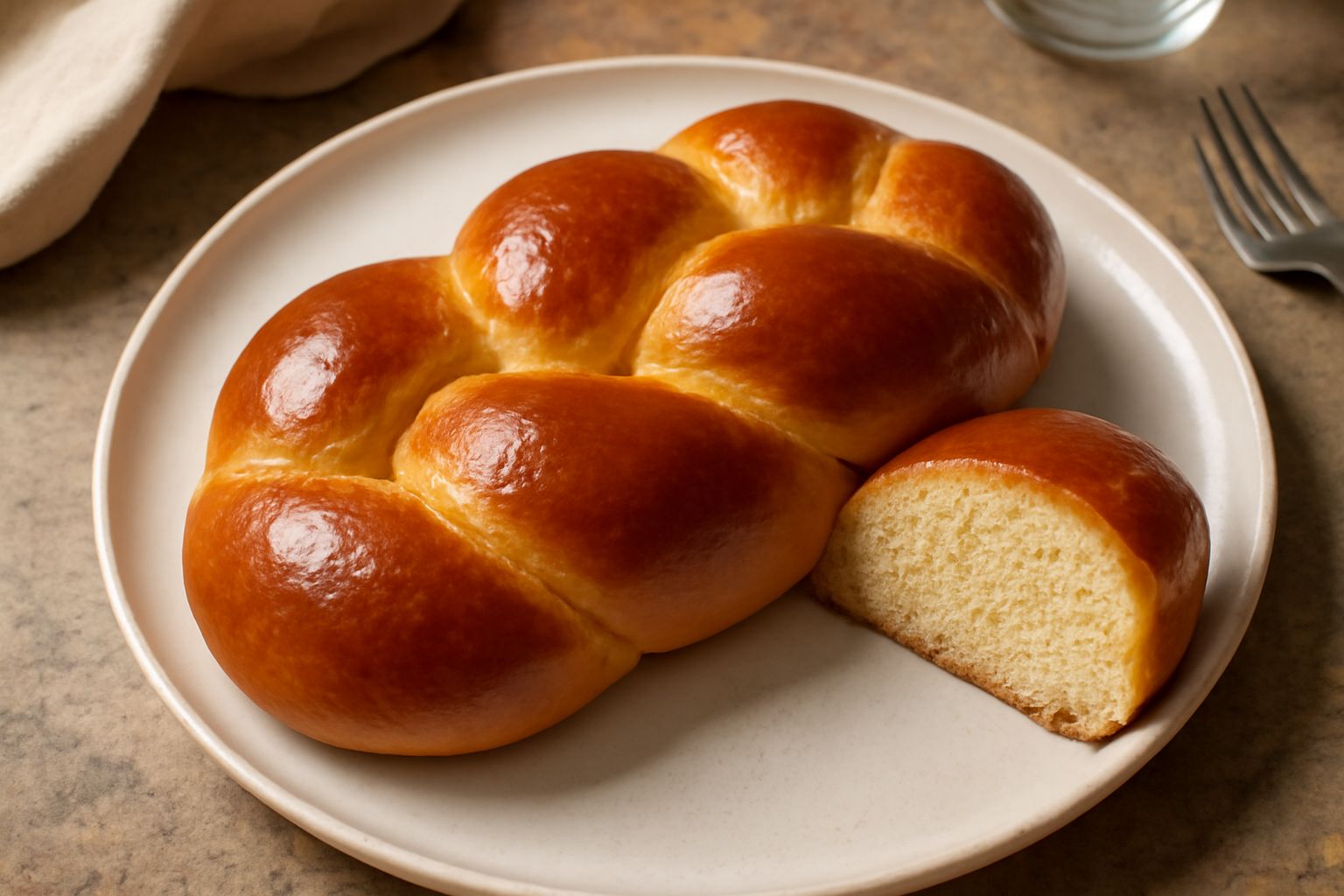 Treccia cosentina appena sfornata, color oro brillante, intrecciata con tre cordoni di pasta dolce, posta su un piatto bianco con una tazza di caffè accanto