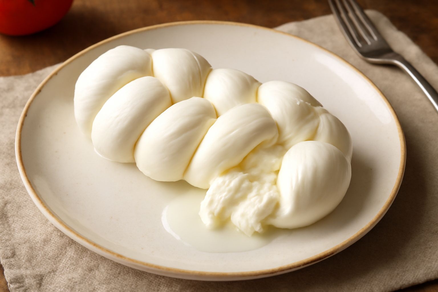 Tre trecce di mozzarella bianca latte su piatto bianco, con gocce d'acqua fresca, accompagnate da pomodori rossi e foglie di basilico verde