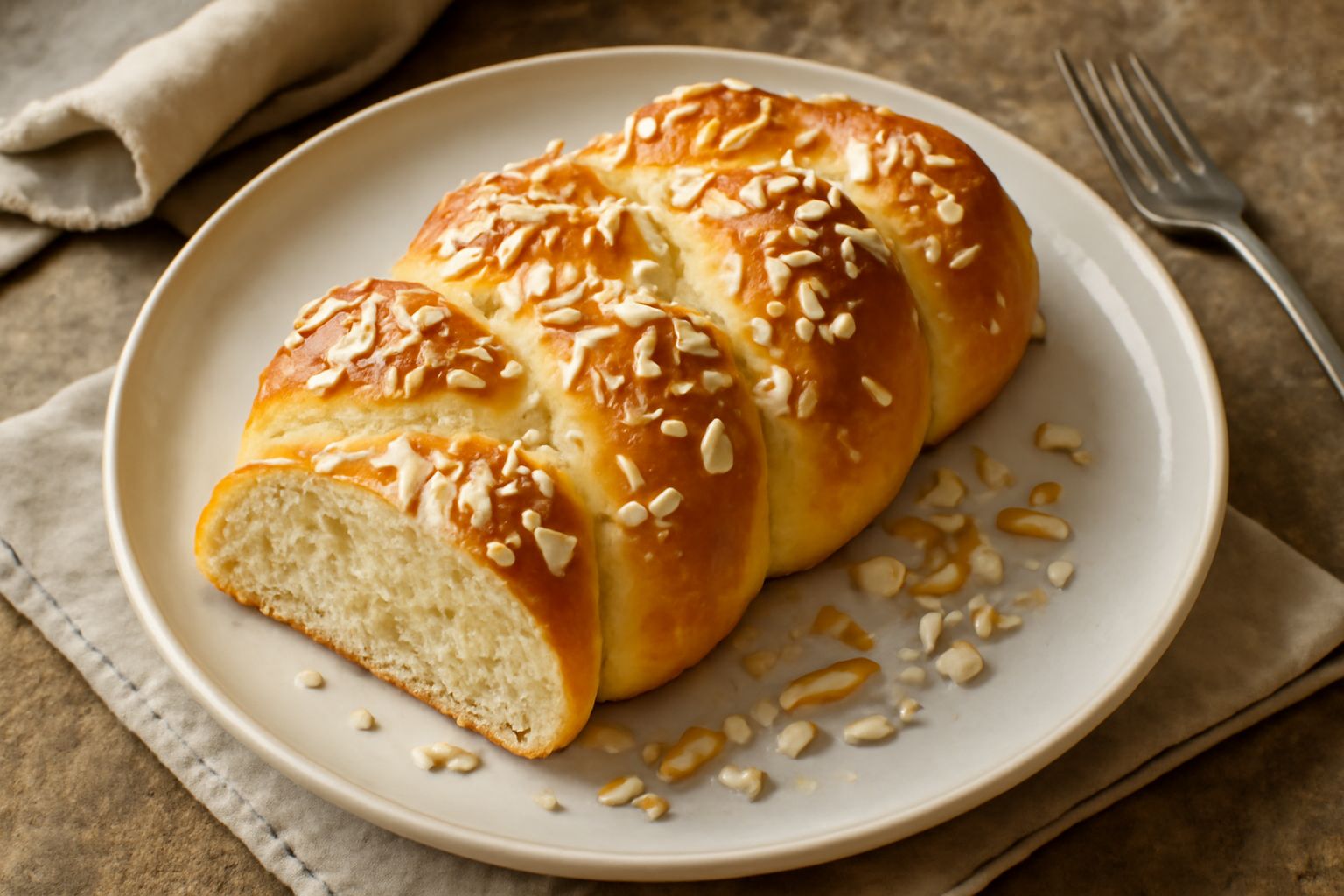 Treccia dolce pasquale dorata e lucida, intrecciata con tre corde di impasto, decorata con granella di zucchero e mandorle filettate, poggiata su un piatto di ceramica bianca con tovaglia a righe azzu