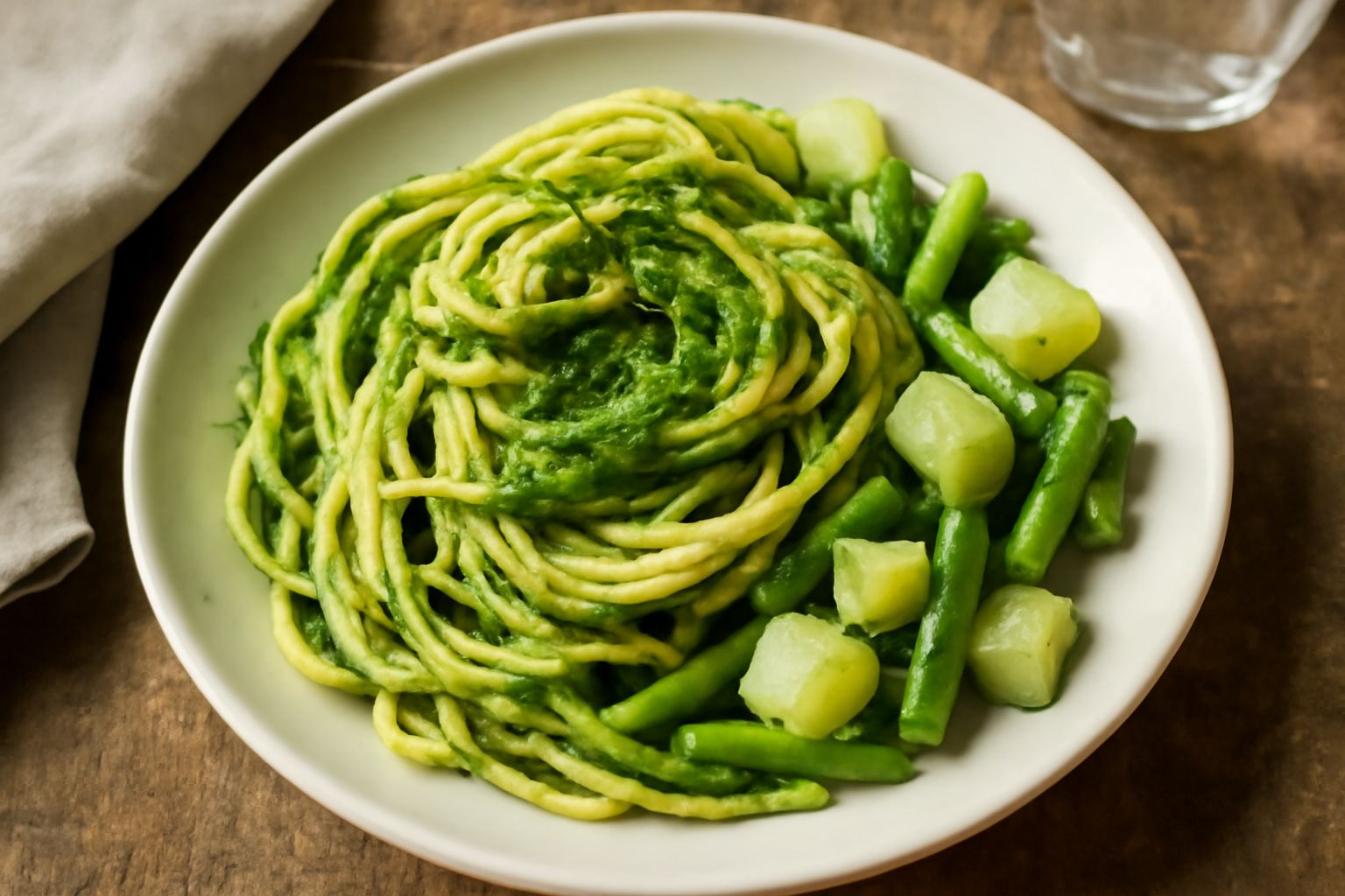 Piatto di trenette al pesto con patate a cubetti e fagiolini, condimento verde salvia che copre la pasta, servito in ciotola bianca con cucchiaio di legno