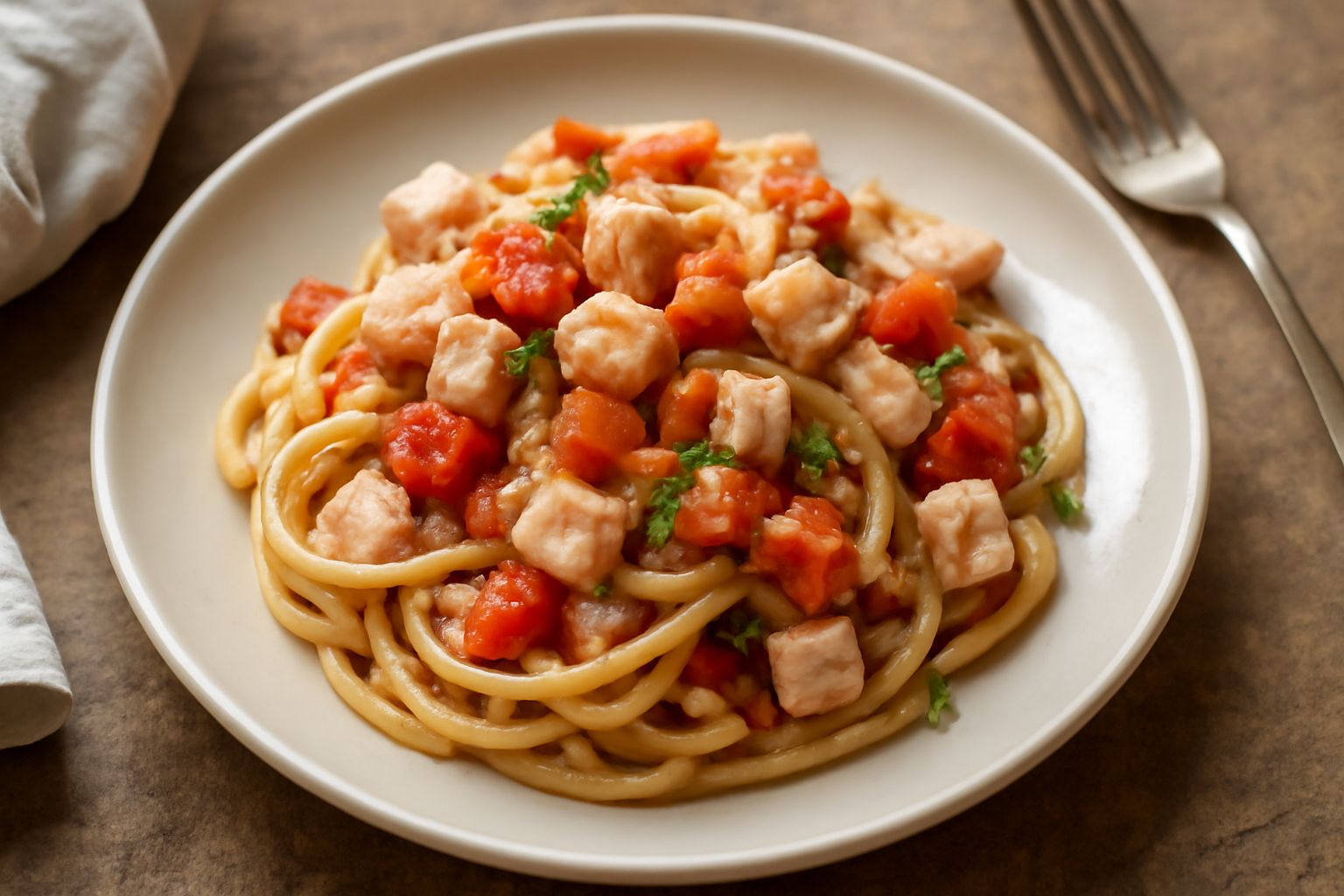 Piatto di trenette con pesce spada, pomodori freschi rossi e prezzemolo verde su un piatto bianco, con filo di olio extravergine e limone a lato