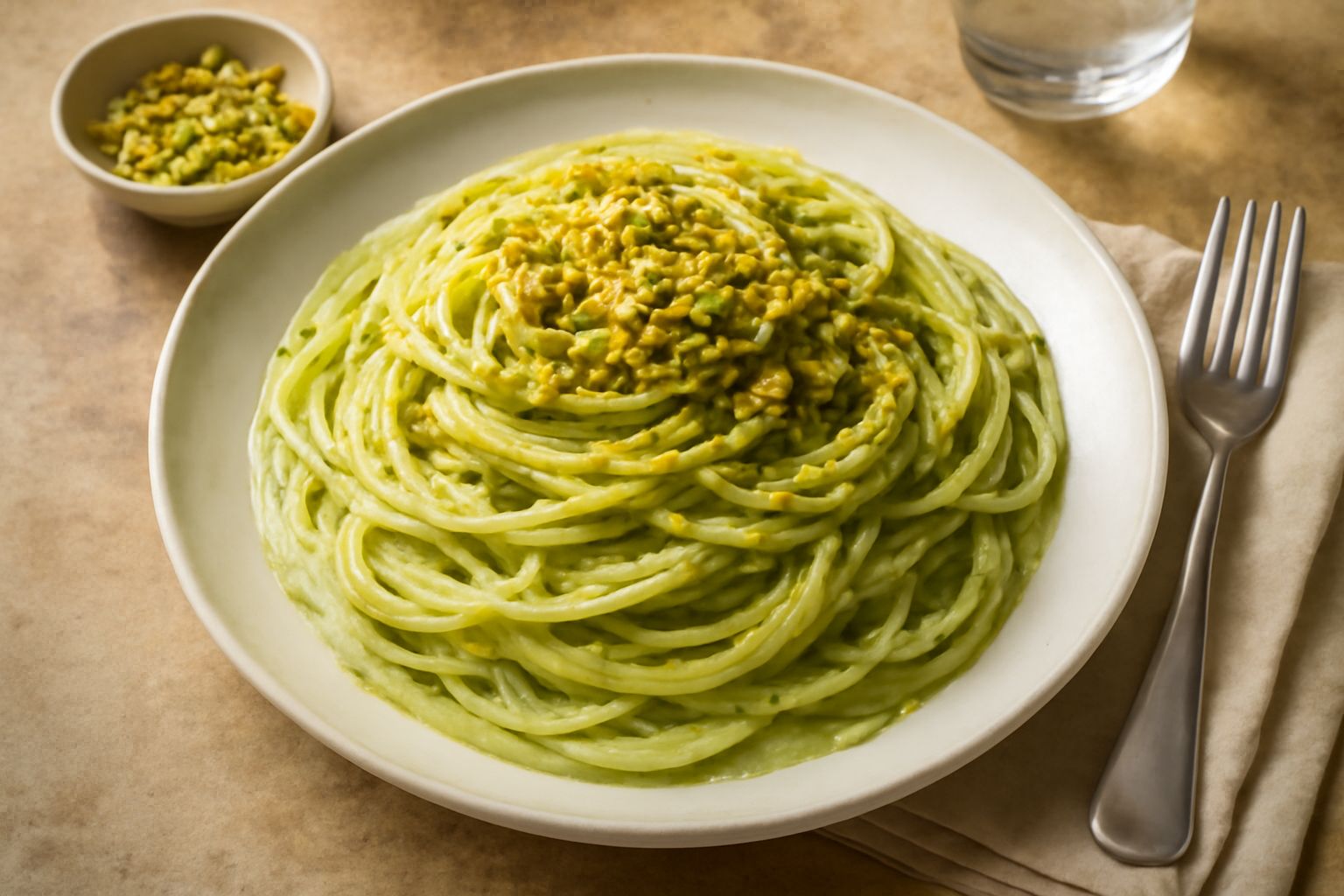 Trenette al pesto di pistacchio servite in un piatto bianco, ricoperte da una salsa verde chiarissima dal tono avorio, con gocce di olio d'oliva lucido, granelli di pistacchio tritato e scaglie di par