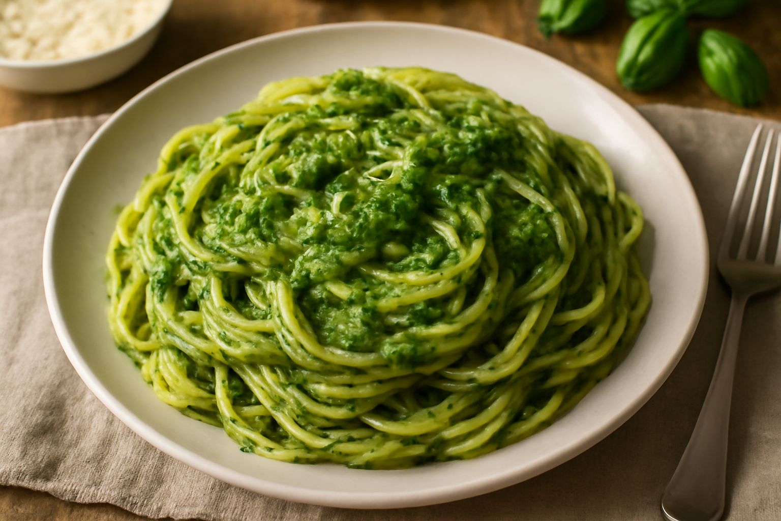 Trenette al pesto su piatto bianco, pasta aperta e sdraiata coperta di salsa verde cremosa, granelli di pinoli sparsi, scaglie di formaggio grattugiato, sfumature dorate dell'olio visibili