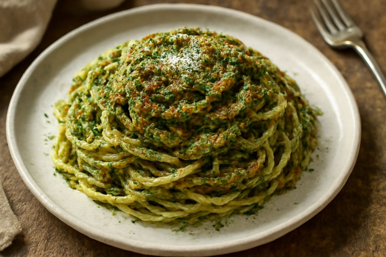 Piatto di trenette ricoperte di pesto verde intenso con granuli di pistacchio visibili, formaggio grattugiato bianco, basilico fresco verde sulla superficie, servite in un piatto bianco con bordo grig
