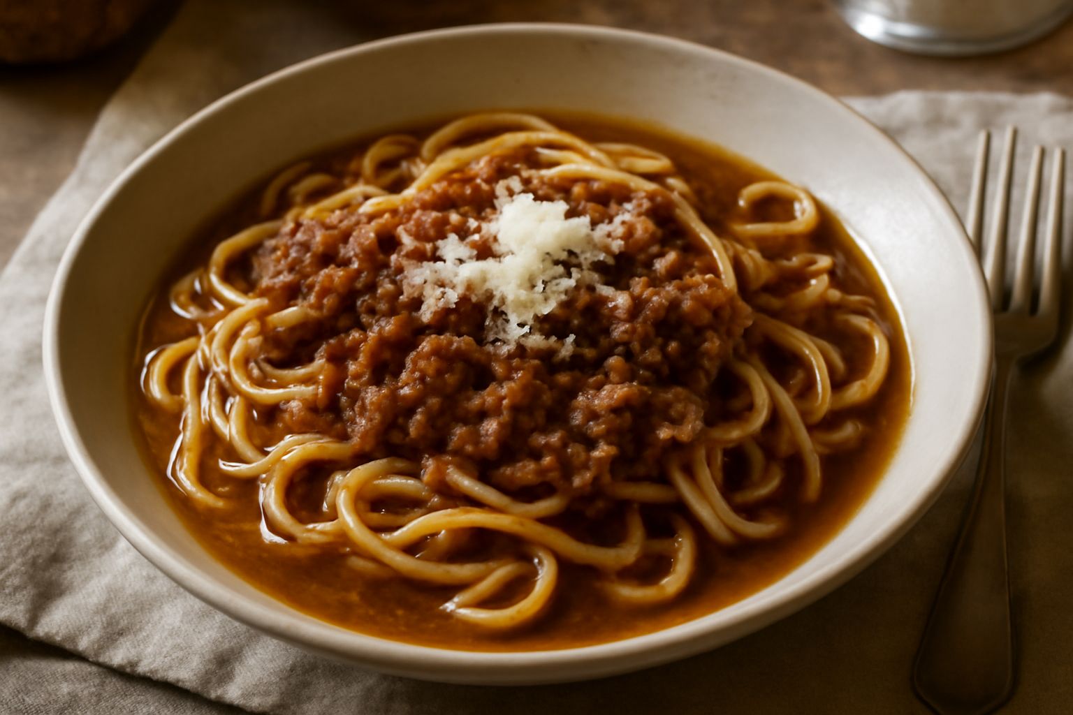 Piatto di trenette bianche condite con ragù marrone e rossastro, grattugia di formaggio grattugiato bianco sulla superficie, profumo di brodo visibile dal vapore, fondo bianco