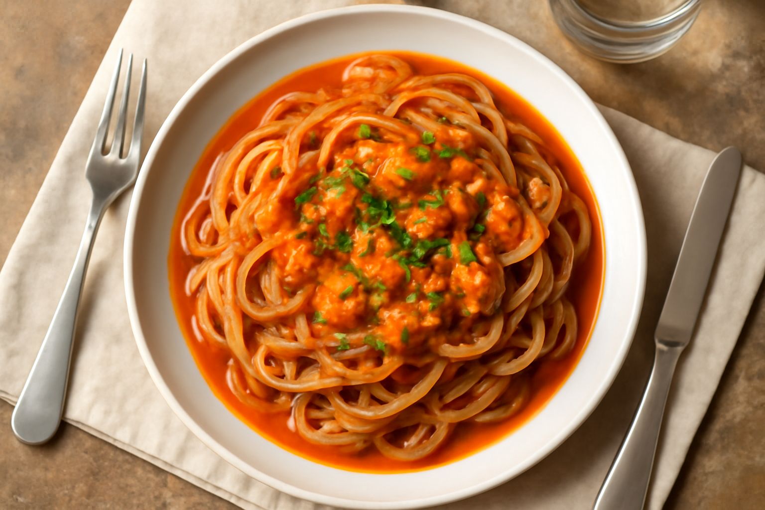 Trenette al sugo di pesce servite in un piatto bianco: pasta sottile grigia coperta da un sugo denso arancione con pezzetti di pesce bianco, una spruzzata di prezzemolo fresco verde e una goccia di ol
