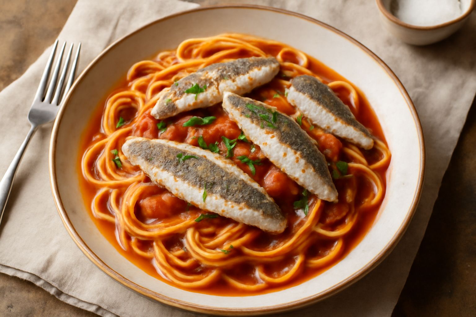 Piatto bianco con trenette condite di rosso, su cui poggiano filetti di triglia bianca con pelle grigia, guarnito di prezzemolo verde fresco e filo di olio di oliva