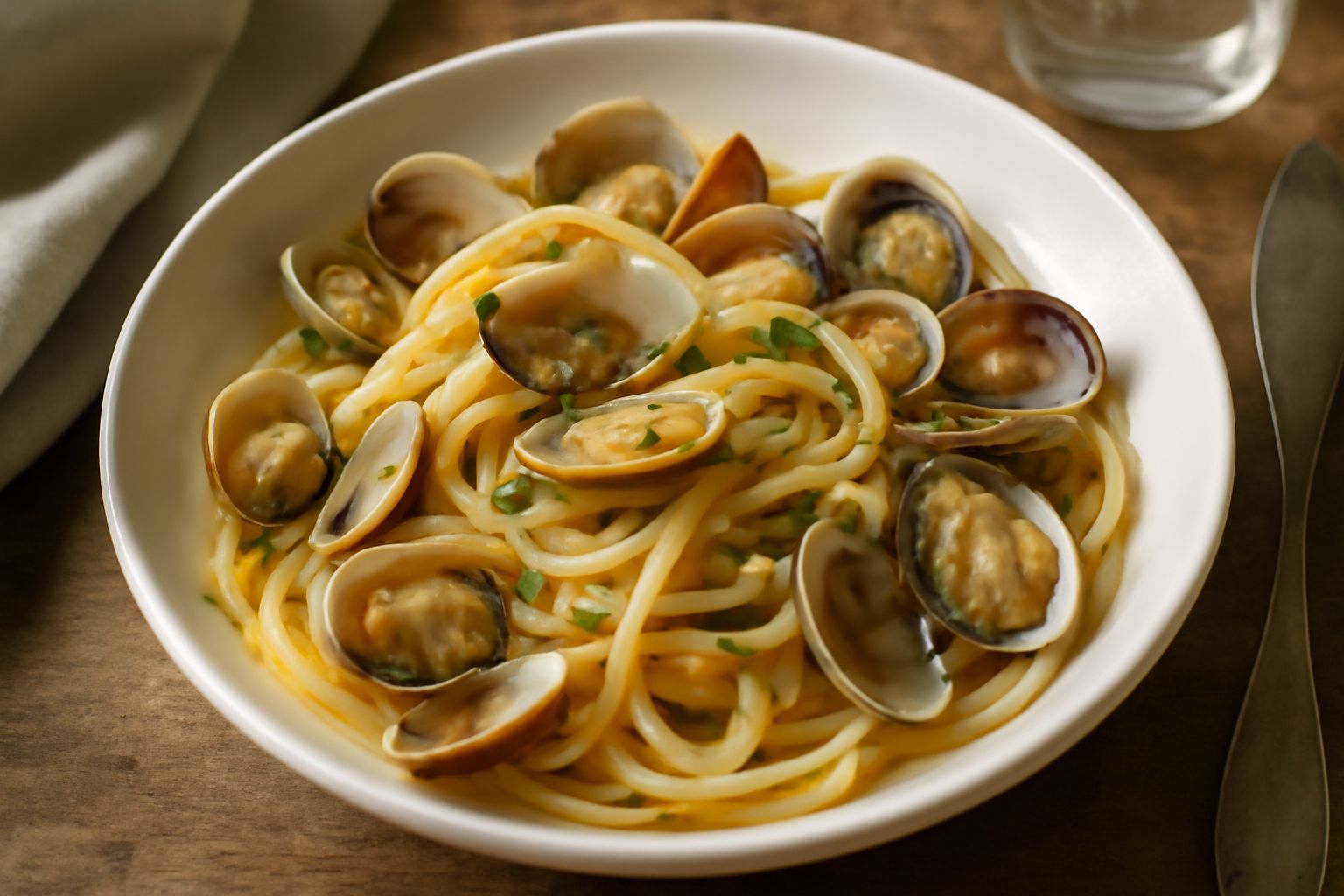 Un piatto bianco con trenette condite con vongole veraci aperte, aglio dorato, prezzemolo fresco verde, olio di oliva lucido, su fondo marmo grigio scuro