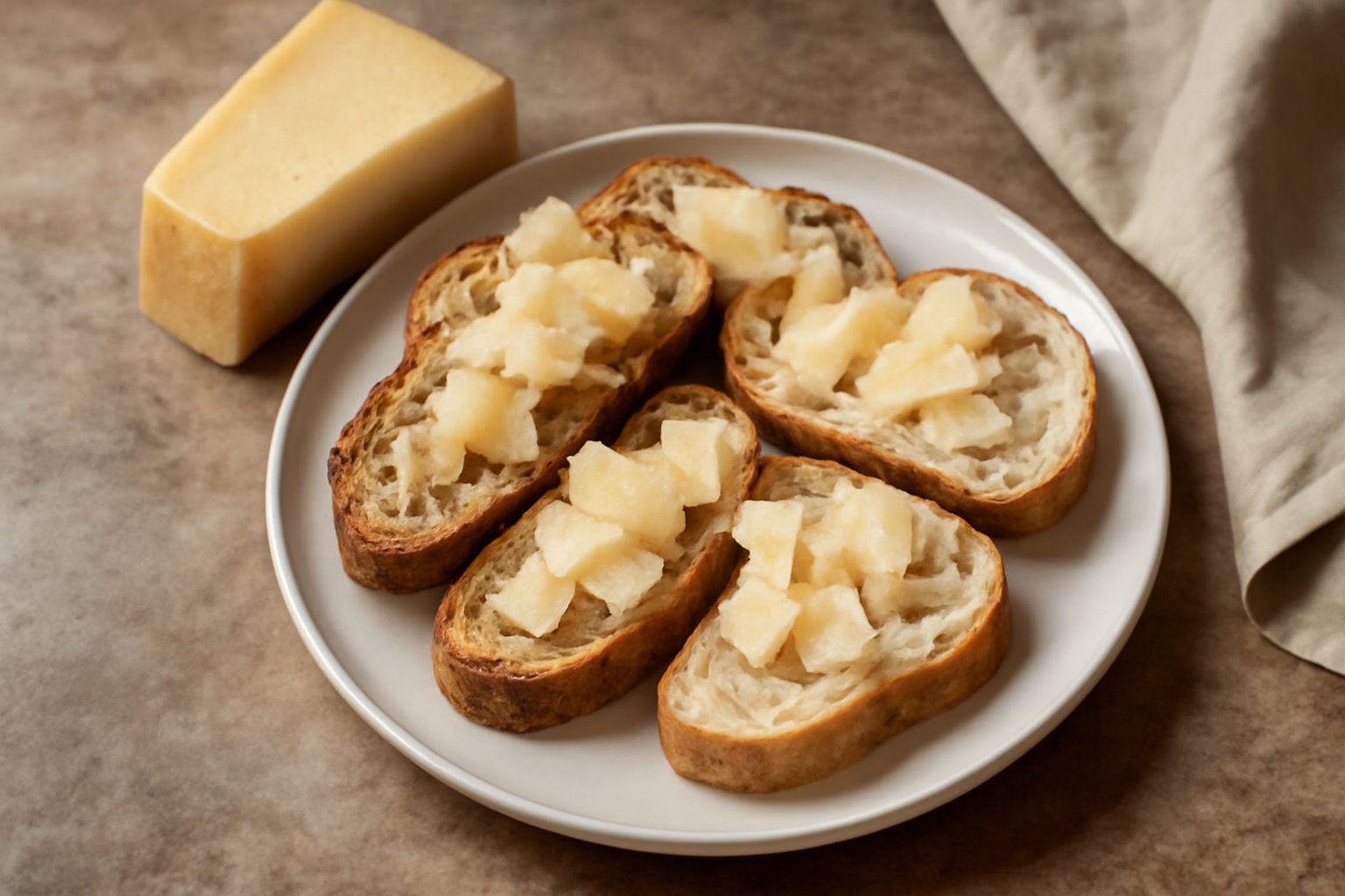 Fette di pane di semola dorato accanto a scaglie di Trentingrana dal colore giallo paglierino, adagiate su un piatto bianco con alcuni grani di sale e una lama di coltello da formaggio