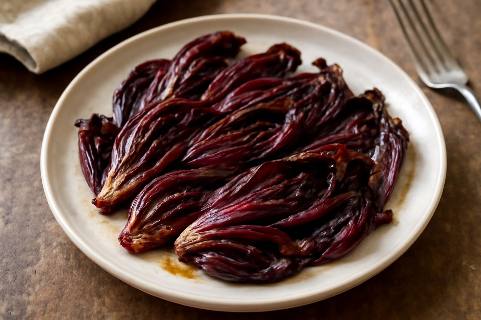 Radicchio rosso di Treviso ripassato in padella, foglie leggermente caramellate ai bordi, aglio dorato, in un piatto bianco con fondo di olio brillante
