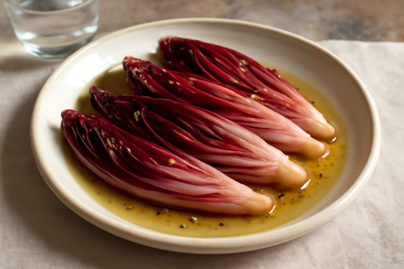 Vaso di vetro con trevisano tagliato a spicchi, rosso scuro e croccante, immerso in olio giallo trasparente con aglio, peperoncino e semi di finocchio visibili, su fondo neutro