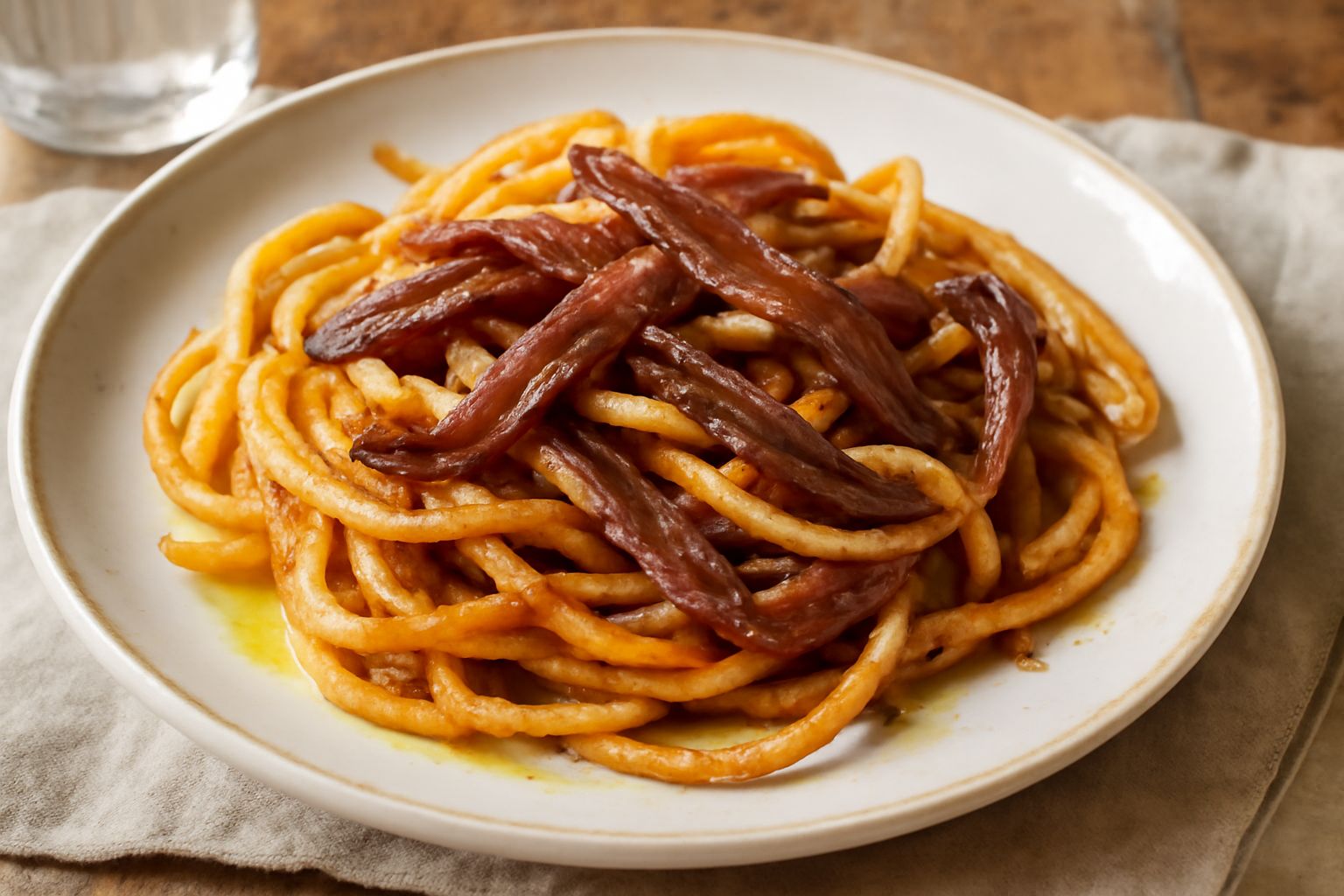 Piatto bianco con tria ca l'agghia: strisce di pasta fritta dorate e croccanti, condite con filetti di acciuga e olio, leggermente salate, su un fondo neutro