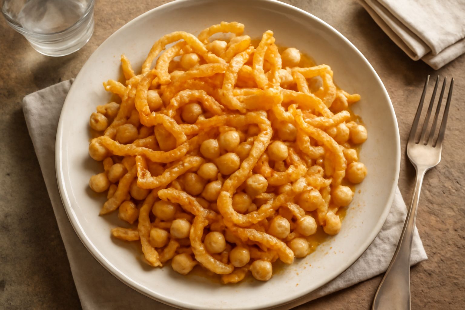 Piatto fondo bianco con tria croccante dorata a ciuffi e ceci bianchi e morbidi sparsi sopra, un filo d'olio d'oliva e origano secco, su superficie di legno scuro