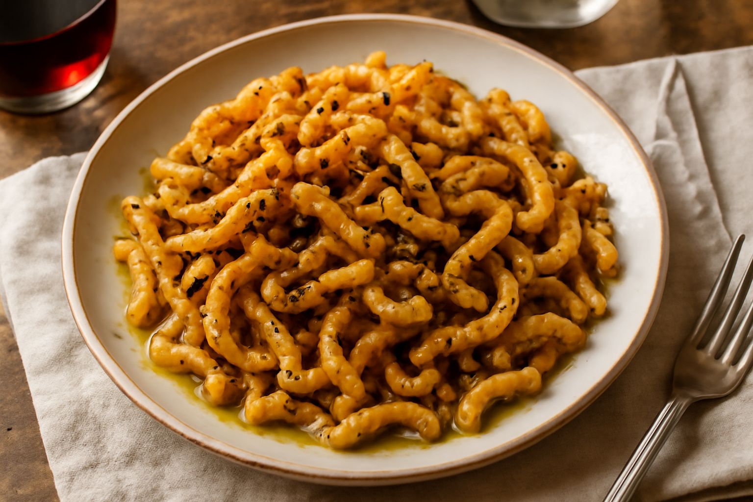 Piatto di tria siciliani fritti, colore dorato intenso, pasta croccante arricciata, conditi con aglio scuro e olio d'oliva brillante, serviti su un piatto bianco con fondo nero
