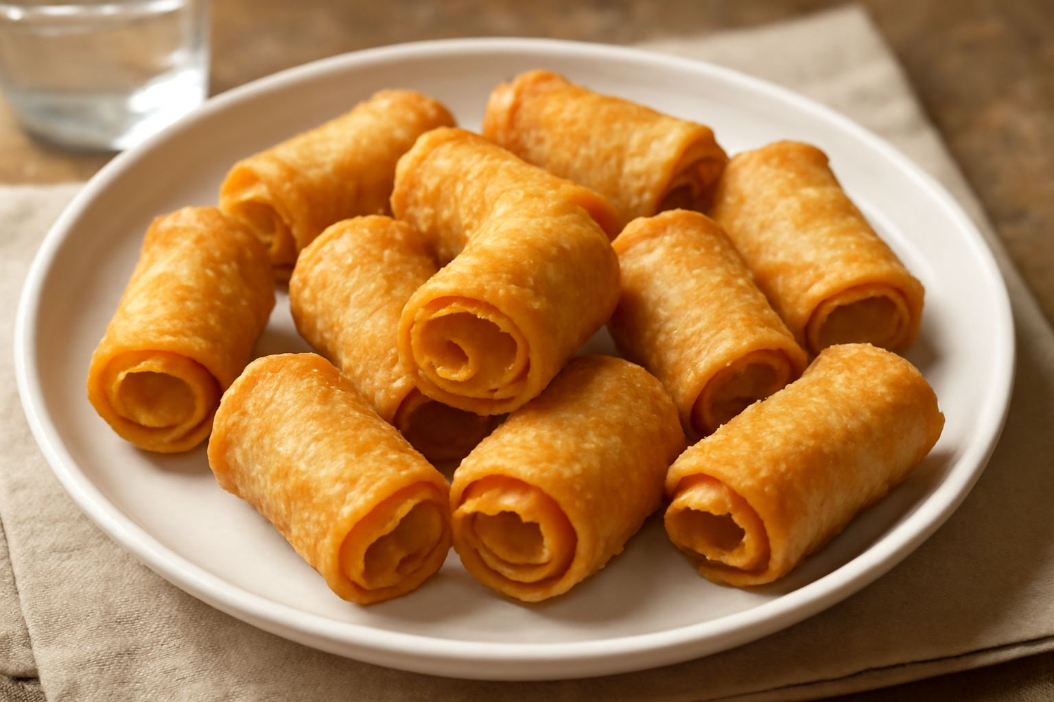 Tria cu' li cipolli dorate e croccanti disposte su un piatto bianco, con cipolla caramellata visibile all'interno della pasta fritta, ancora fumanti