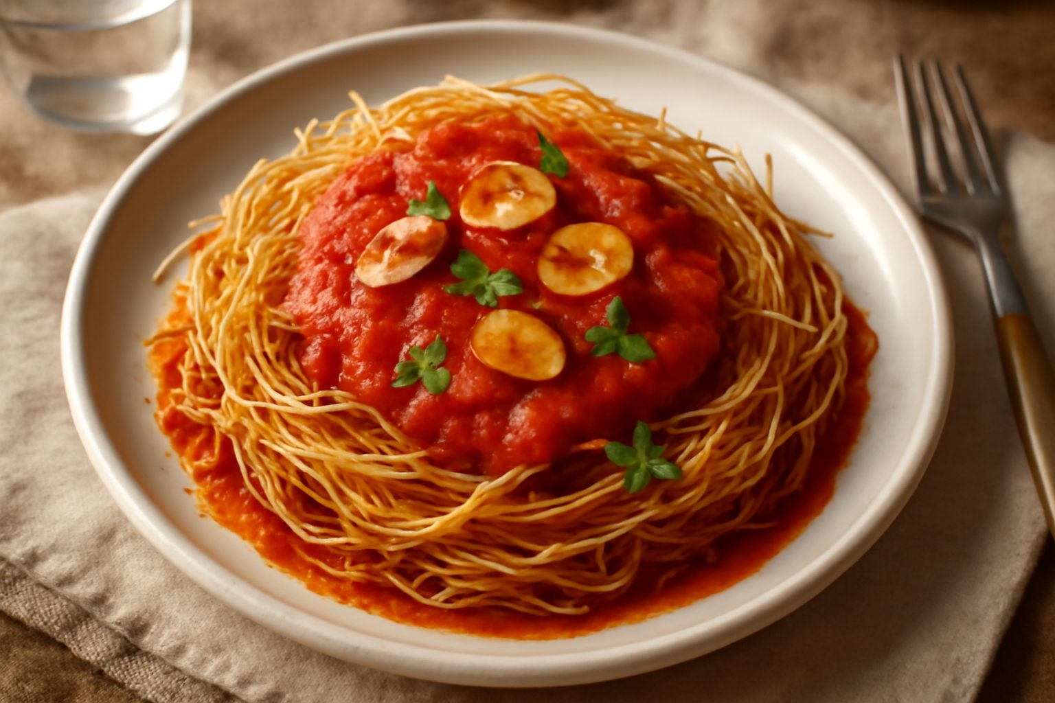 Piatto di maiolica bianca con tria dorati e croccanti conditi di sugo di pomodoro rosso brillante, aglio affettato e prezzemolo verde, servito in primo piano con controluce
