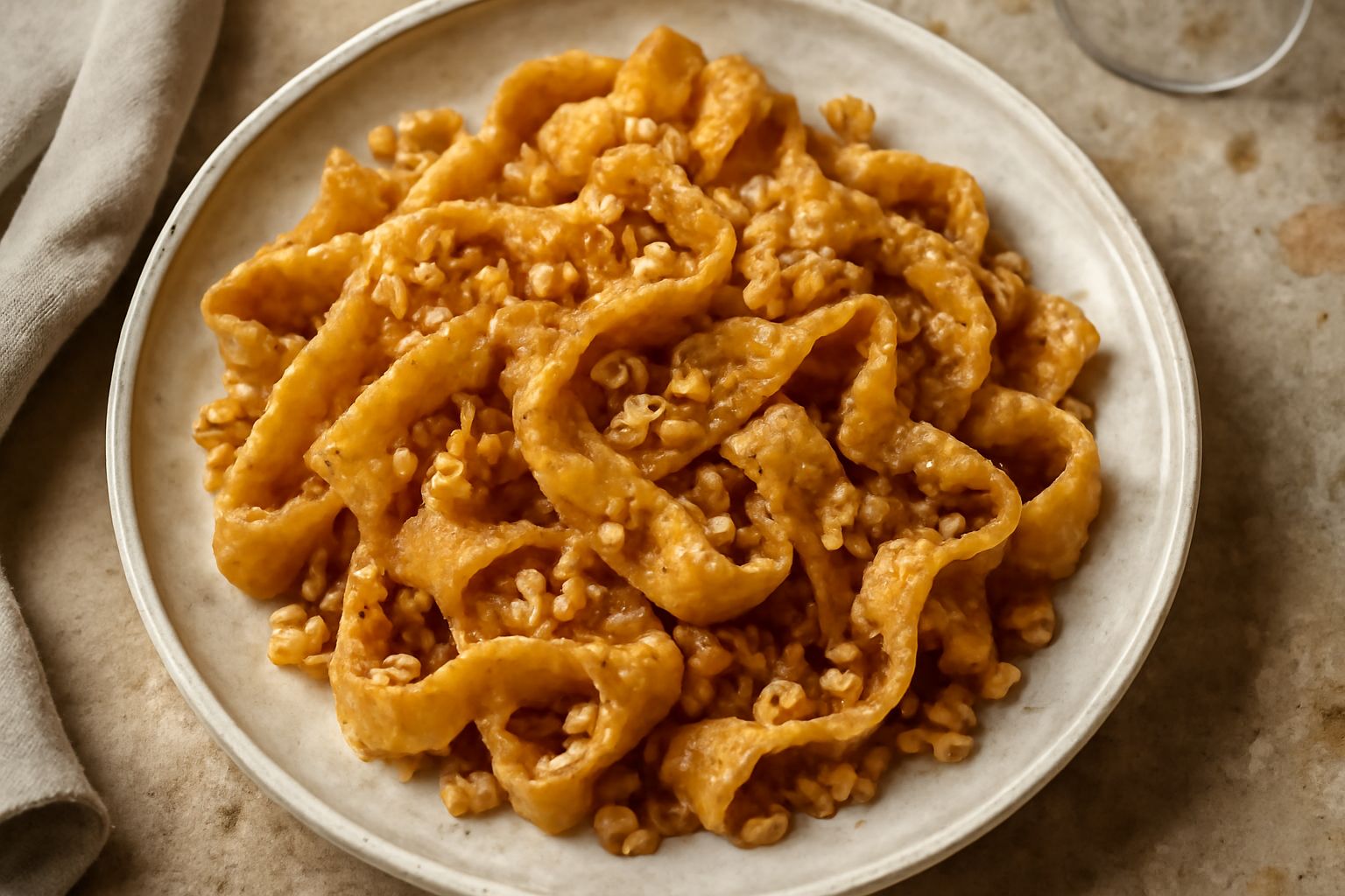 Tria cu l'ogghiu dorate e croccanti appoggiate su un piatto bianco, condite di miele che goccia e cosparse di noci tritate, vapore leggero visibile
