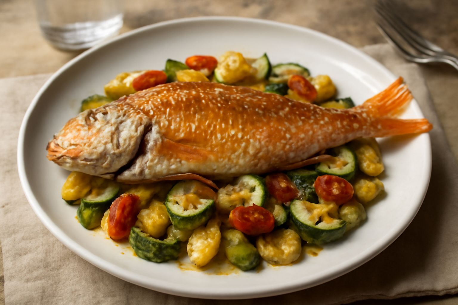 Due triglie intere dorate al forno su un piatto bianco, circondate da fettine di limone, olive nere e prezzemolo fresco. Pelle lucida, occhio brillante, contorno di verdure arrostite leggere.