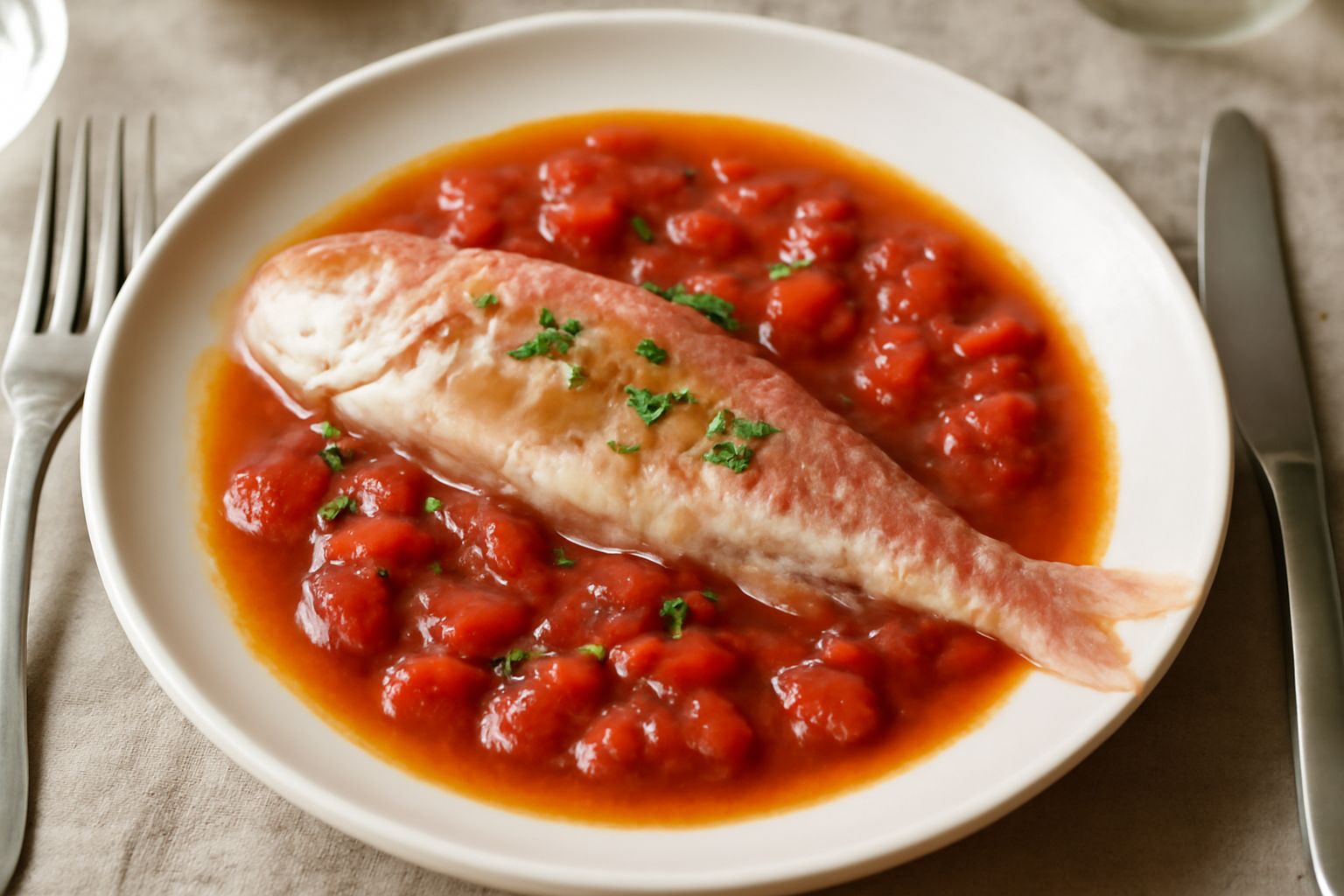 Un piatto bianco con due triglie intere cotte al pomodoro, circondate da salsa rosso scuro con pomodori spezzettati, erba cipollina verde e un giro d'olio, limone fresco a lato