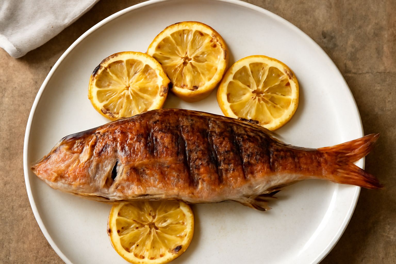 Due triglie intere dorate e croccanti sulla griglia incandescente, cosparse di rosmarino fresco e fette di limone gialle, sfondo di fiamme arancioni