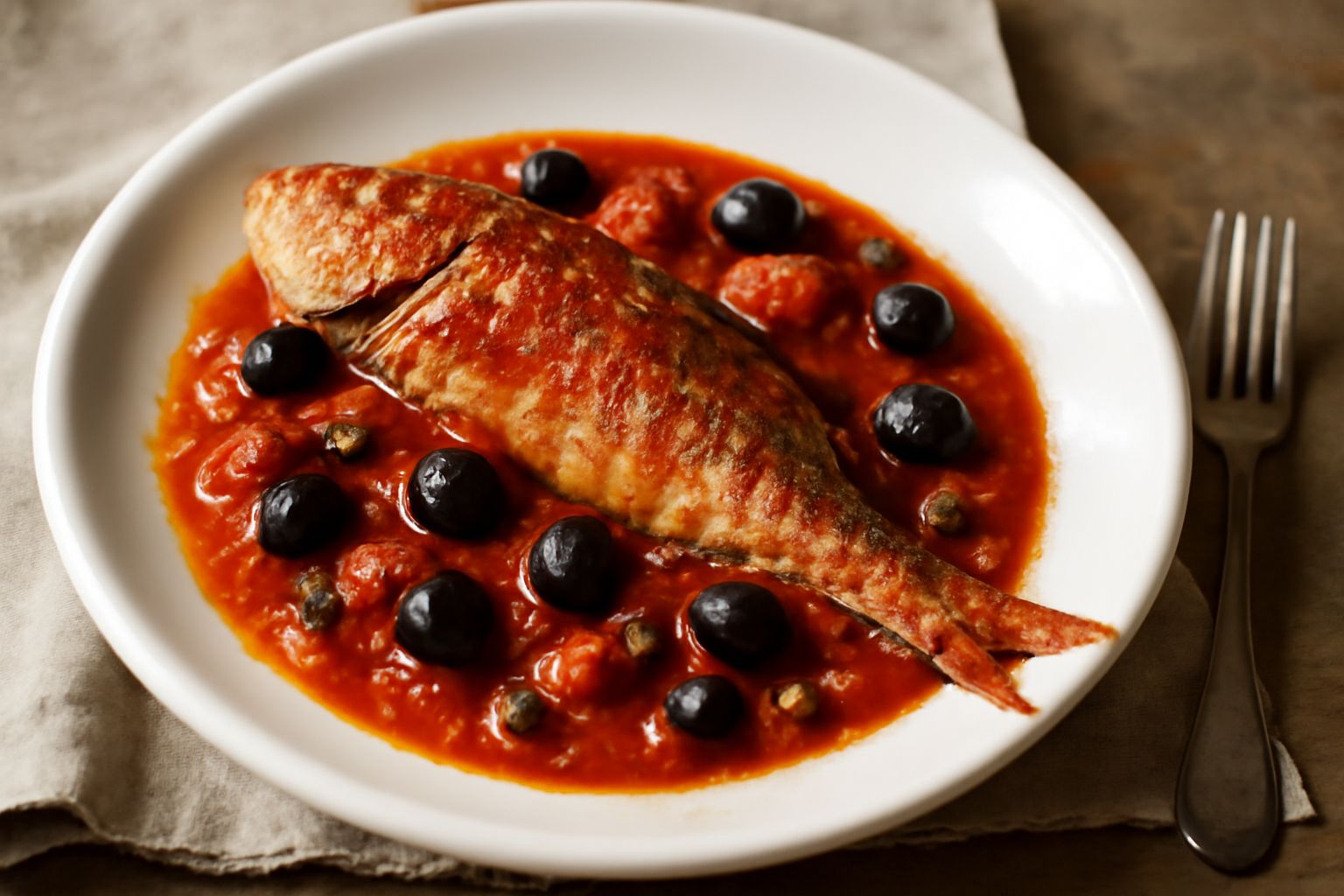 Triglia intera guarnita con sugo rosso di pomodori, olive nere e capperi, servita in piatto bianco con limone fresco a lato