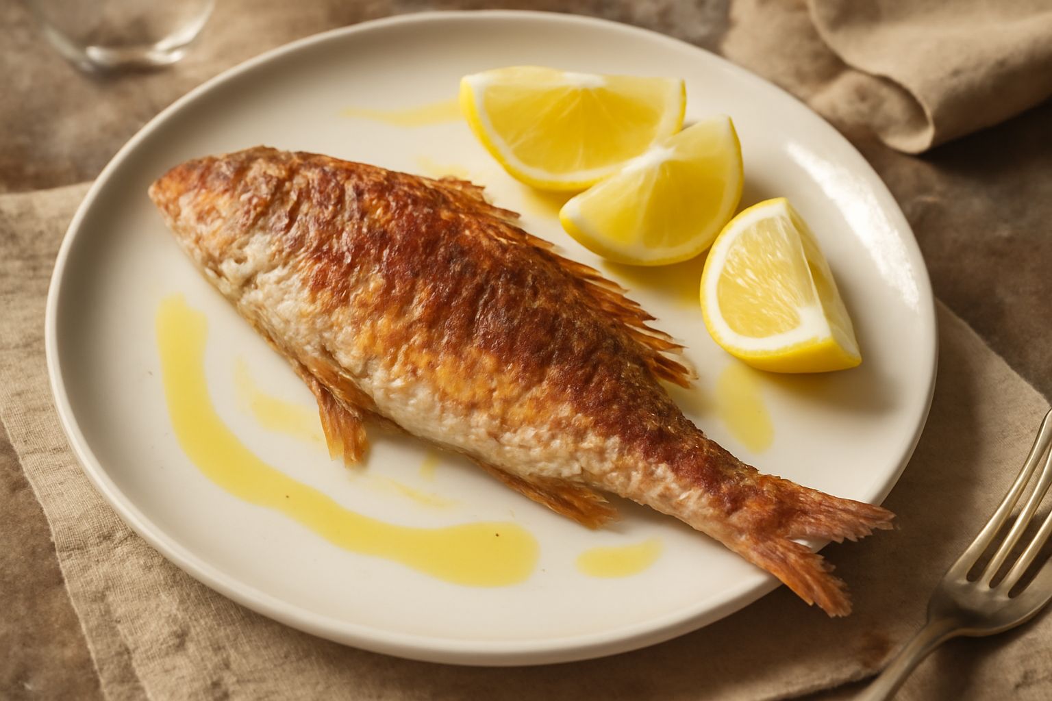 Triglia intera dorata e croccante sulla piastra nera, con limone fresco a spicchi, gocce di olio d'oliva e sale grosso visibile sulla pelle, contorno di insalata verde