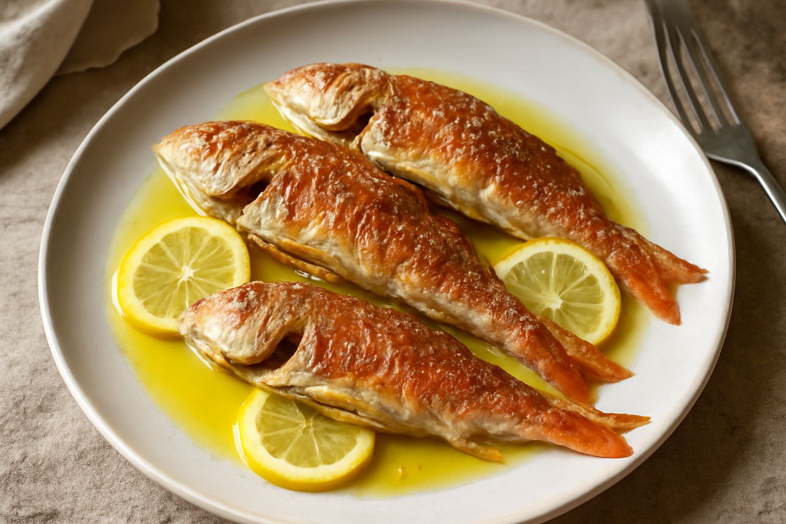 Triglie intere dorate in un piatto bianco, condite con olio extravergine scuro, fettine di limone fresco, prezzemolo verde brillante, accompagnate da verdure leggermente rosolate ai bordi