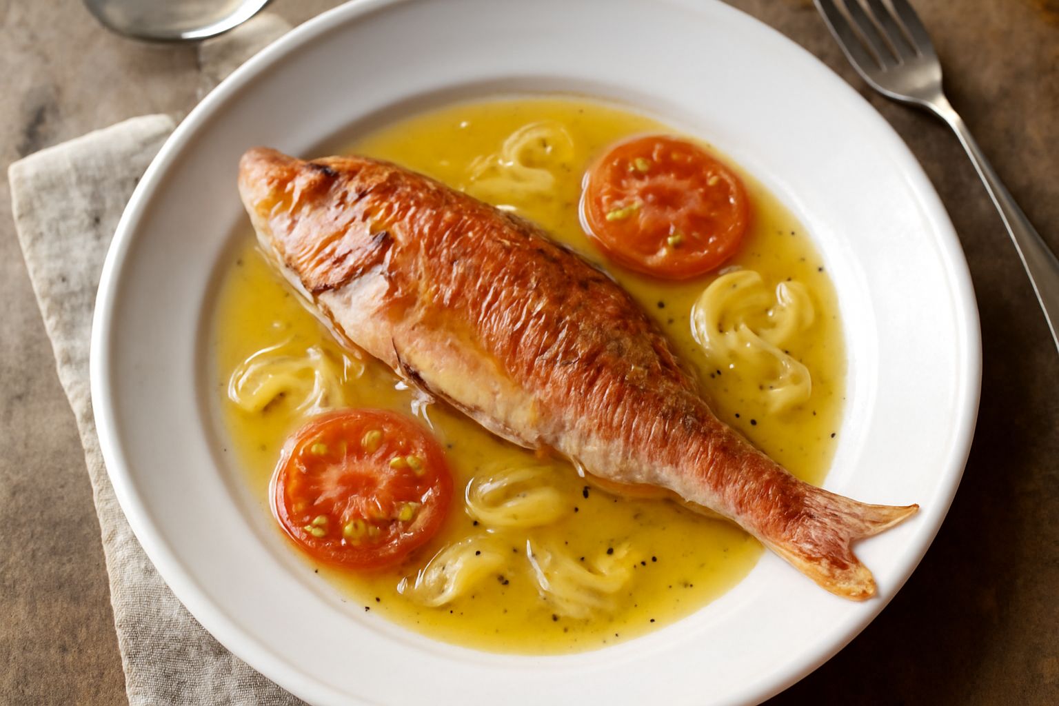 Triglie intere dorate e cotte in un piatto bianco fondo, cosparse di prezzemolo fresco, con brodo di vino bianco e limone visibile, contorno di verdure saltate