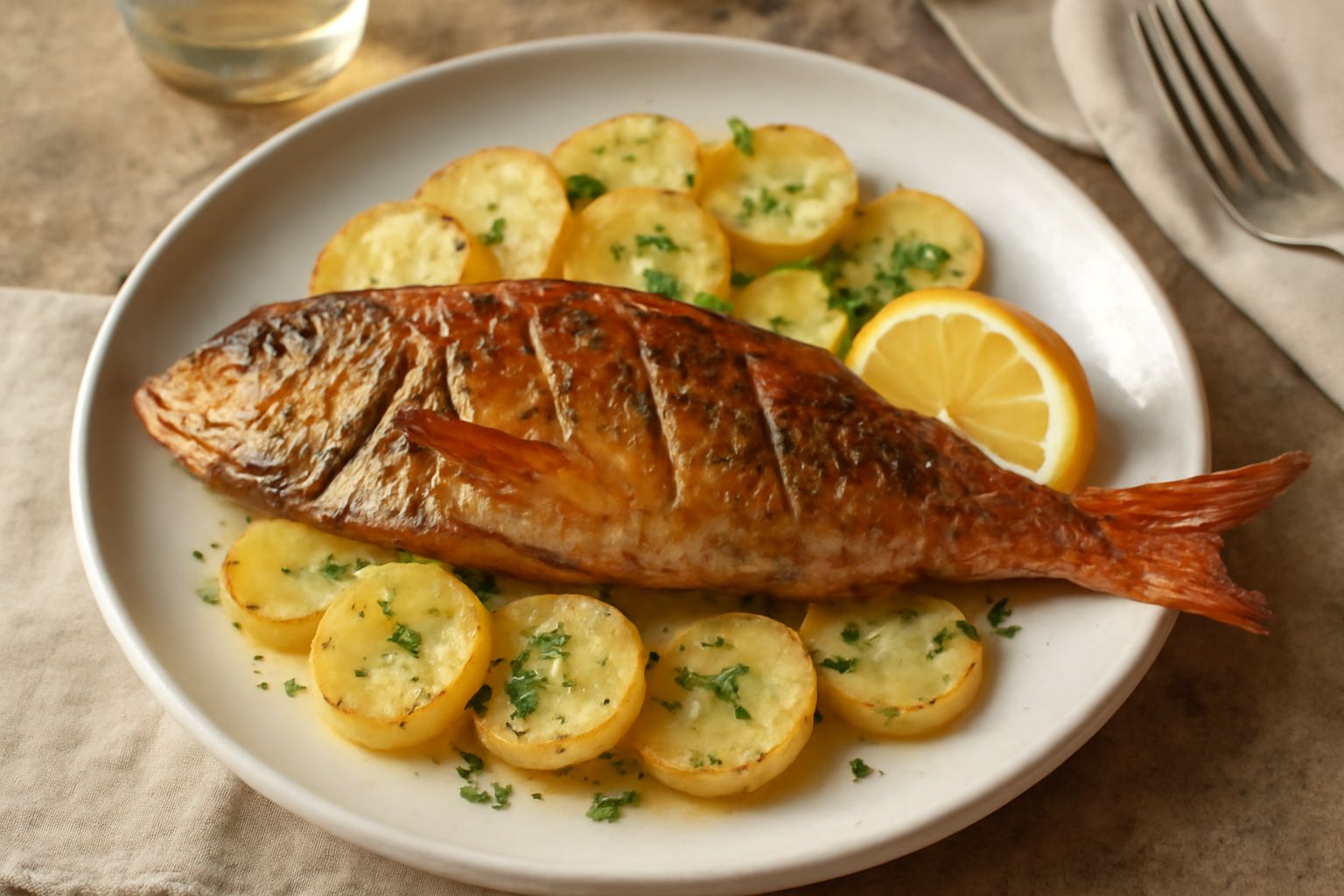 Triglia intera al forno su piatto bianco, pelle dorata e croccante, contornata da fette di limone, prezzemolo fresco e olio d'oliva lucido; piatto visto dall'alto