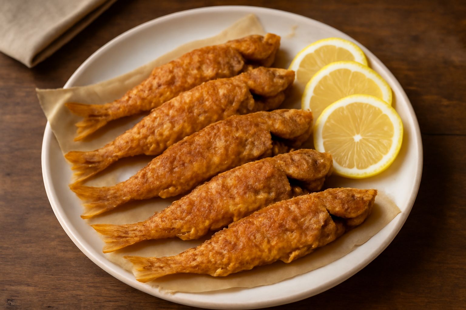 Triglie fritte dorate e croccanti in un piatto bianco, accompagnate da fette di limone fresco e prezzemolo tritato, olio lucido sulla superficie