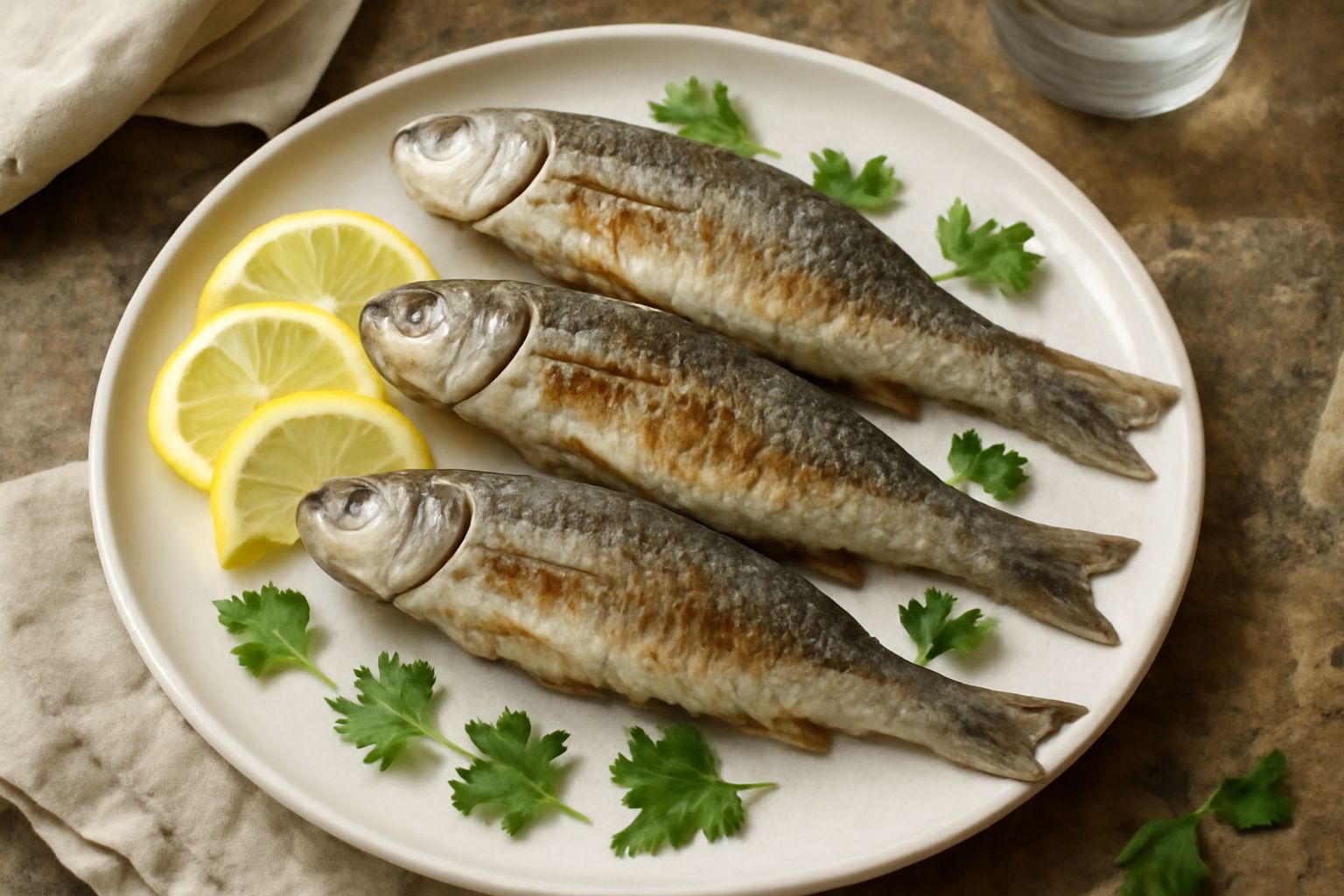 Triglie grigie cucinate in padella, dorate e croccanti ai lati, guarnite con fette di limone fresco e prezzemolo verde, su piatto bianco