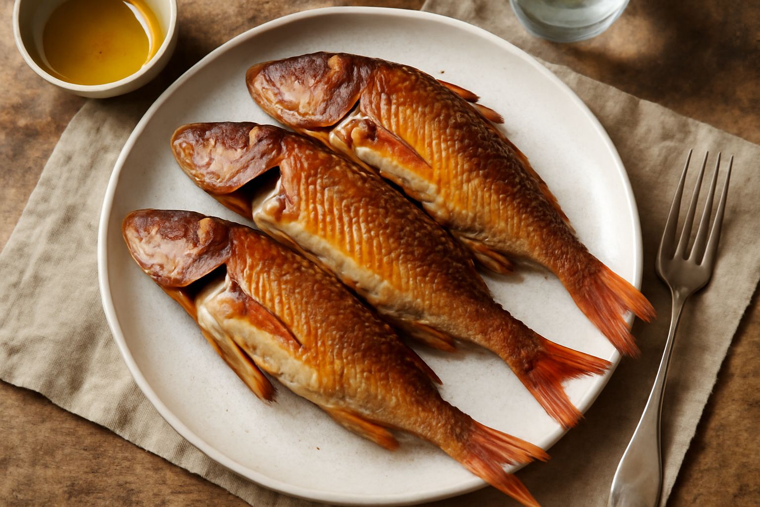 Tre triglie affumicate intere poste su un piatto bianco, con la pelle dorata e leggermente scura, contornate da fettine di limone fresco e erbe aromatiche verdi