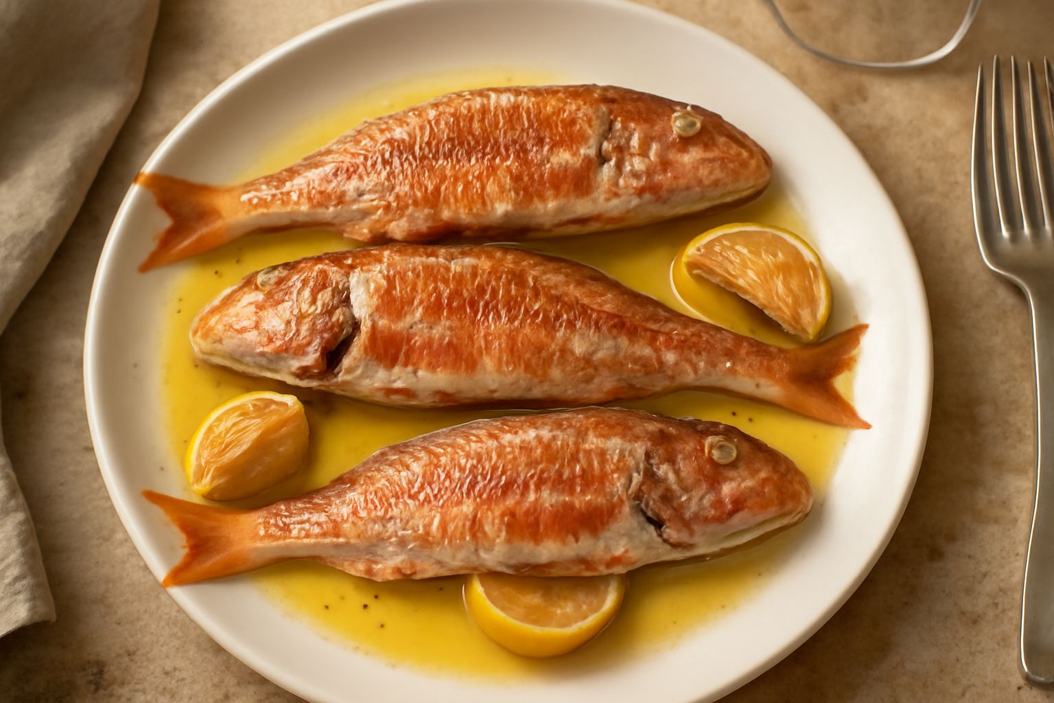Tre triglie intere dorate al forno su piatto bianco, cosparse di prezzemolo fresco, con spicchi di limone al naturale e olio d'oliva brillante