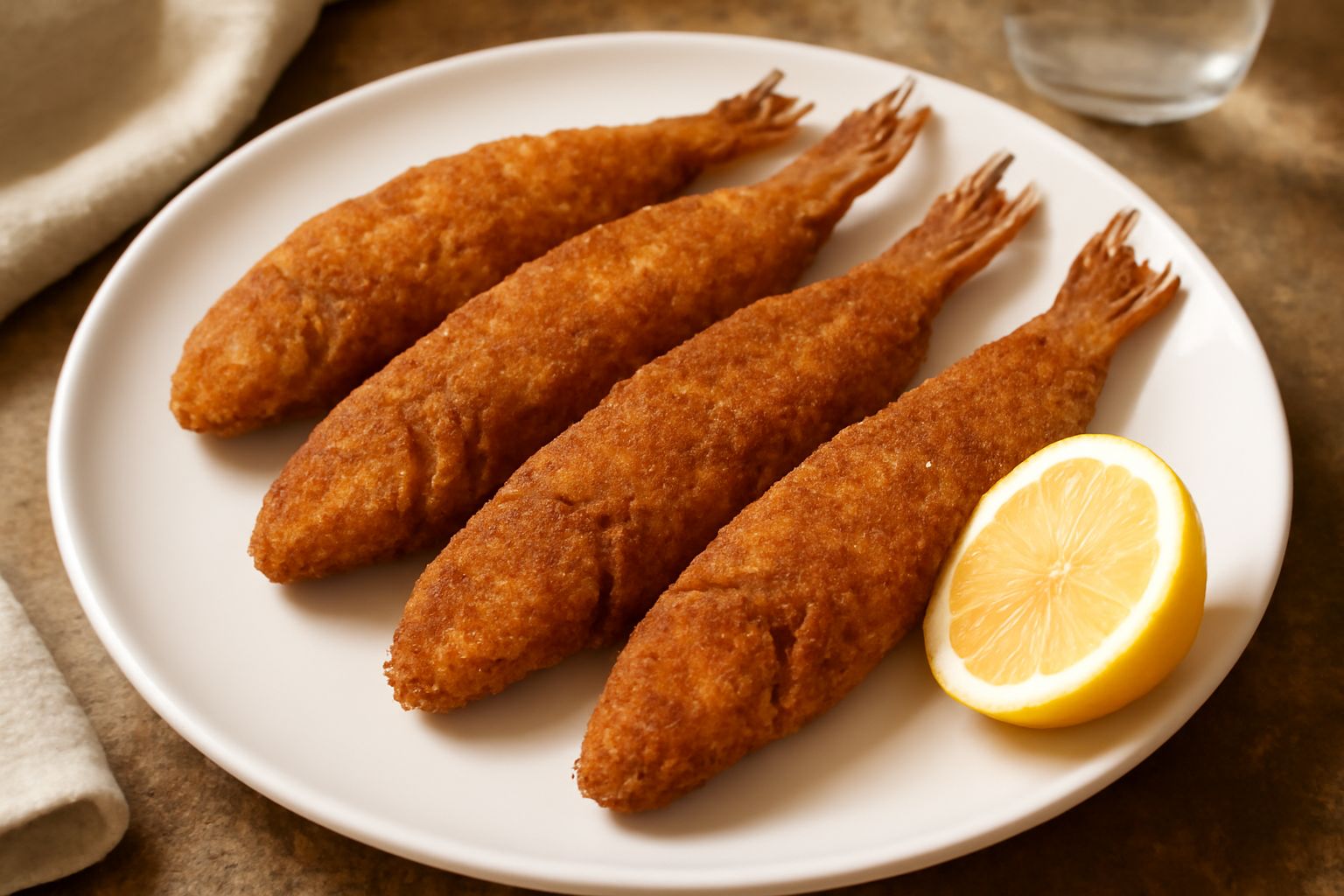 Triglie intere dorate e croccanti in panatura disposti su un piatto bianco con limone affettato e prezzemolo fresco, contorno di olio d'oliva