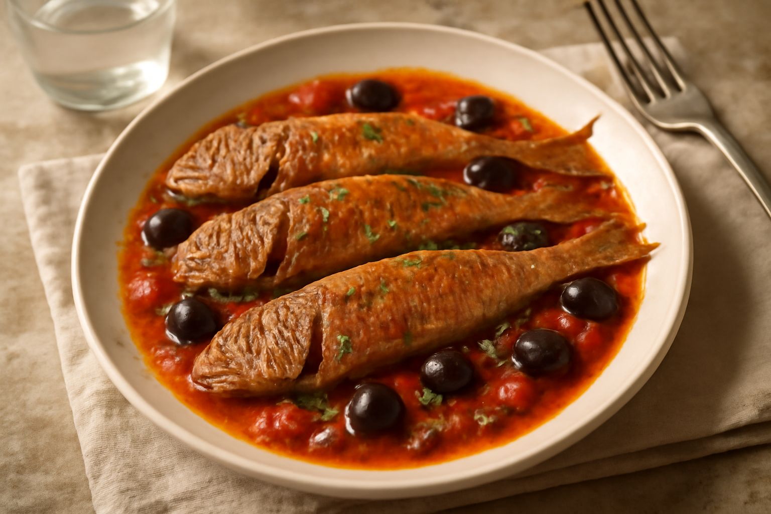 Triglie intere dorate al forno in teglia bianca, circondate da pomodori rossi, olive nere lucide e salsa rossa chiara, foglie di prezzemolo fresco sparse in superficie