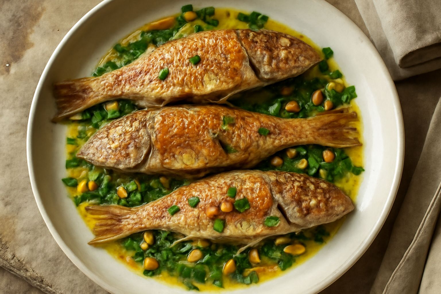 Triglie intere dorate in una teglia da forno circondate da aglio sottile, prezzemolo fresco verde e pinoli tostati, cosparse di olio d'oliva trasparente