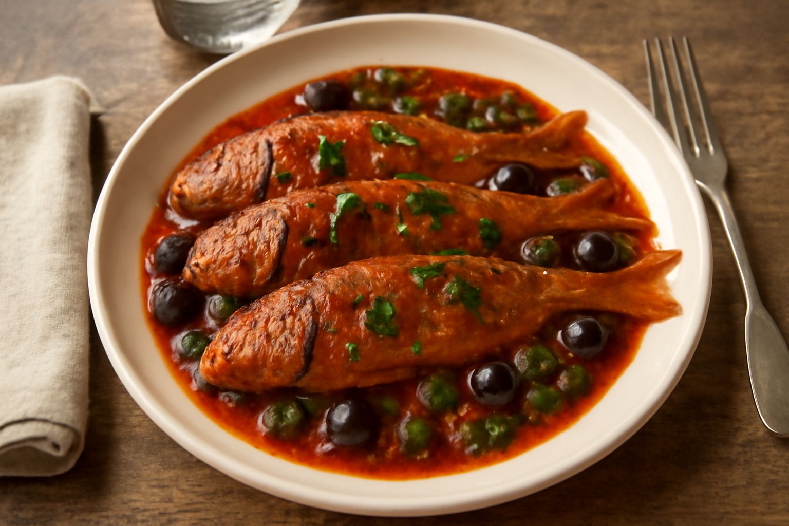 Due triglie intere dorate in un piatto bianco con salsa rossa di pomodoro, olive nere brillanti e capperi verdi sparsi, contorno di prezzemolo fresco