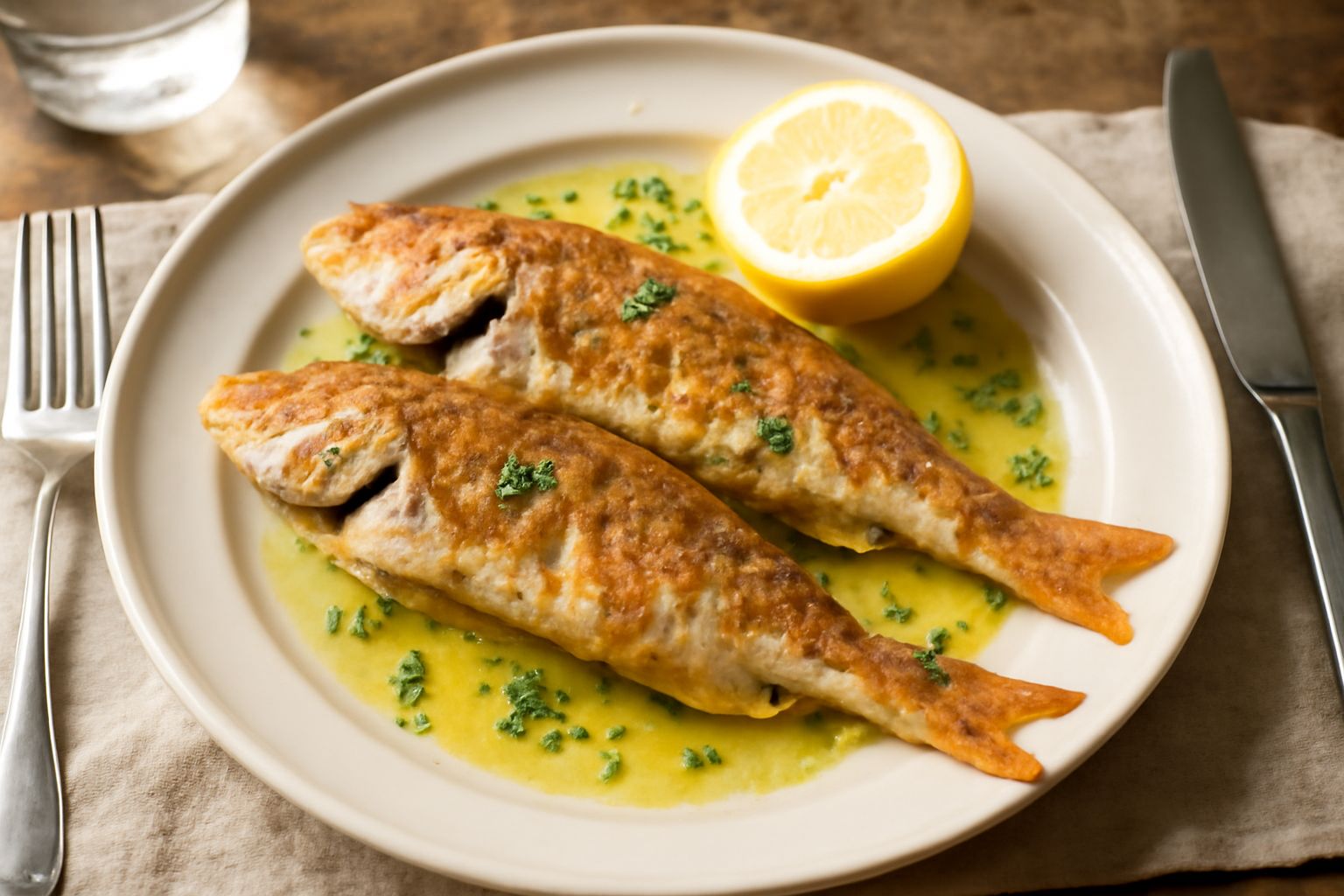 Tre triglie dorate e croccanti su piatto bianco, cosparse di prezzemolo fresco tritato, con fettine di limone fresco a lato e un filo d'olio d'oliva visibile