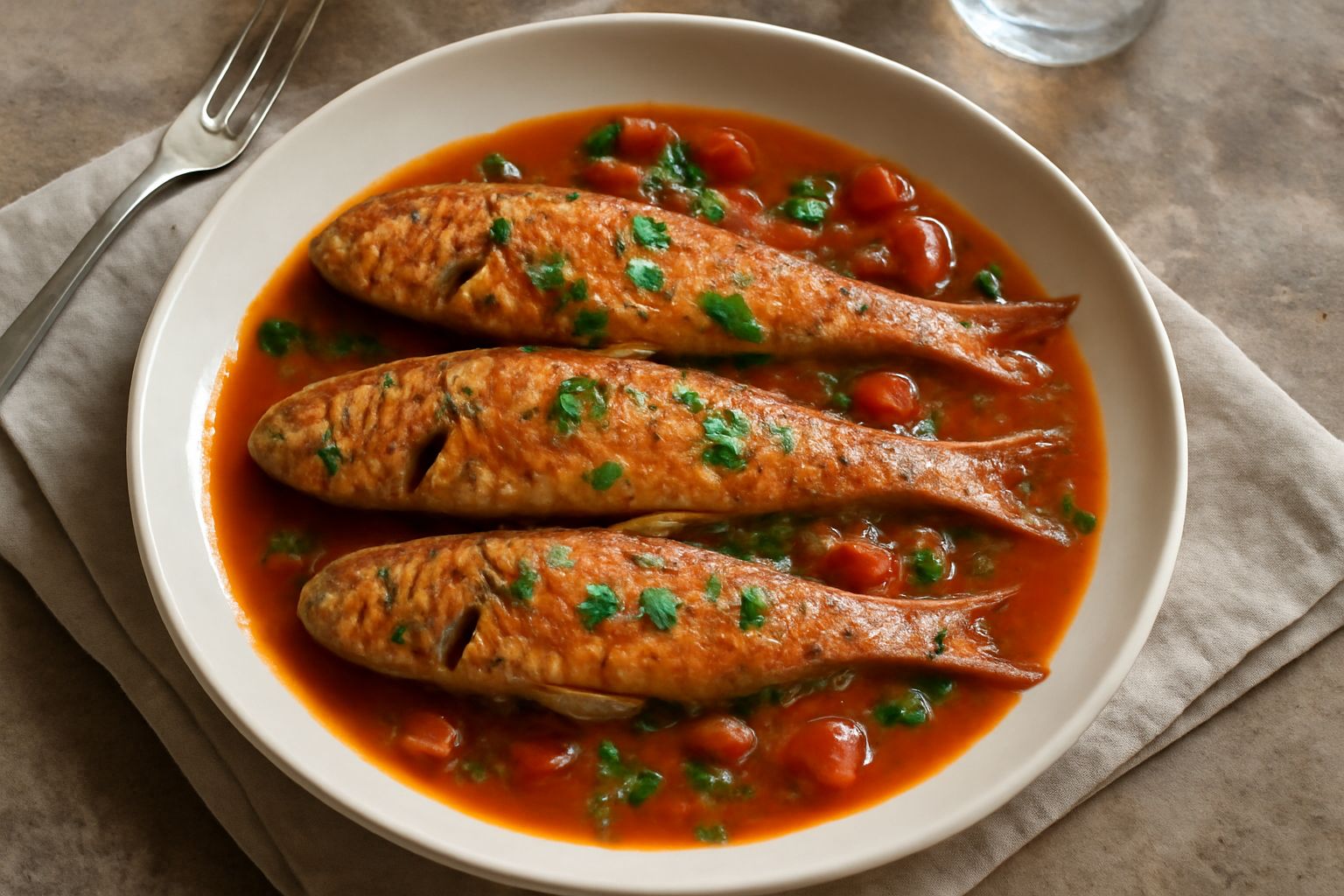 Triglie intere cotte in umido con salsa di pomodoro fresco e prezzemolo verde, servite in un piatto bianco fondo con contorno di pane tostato