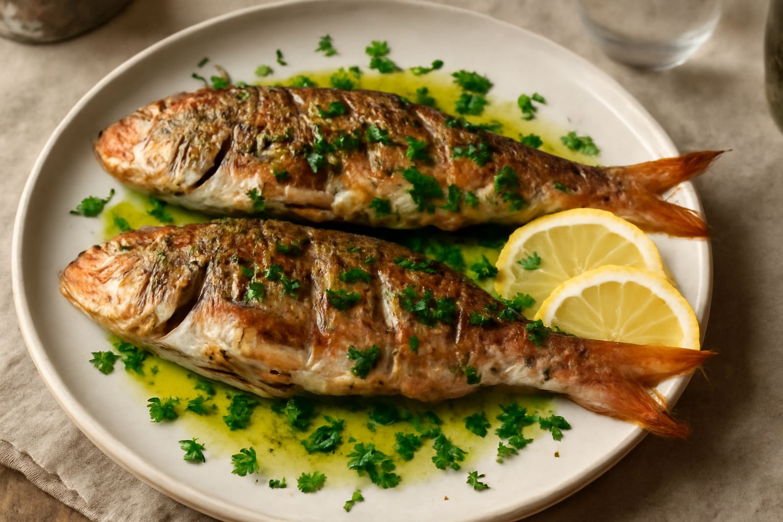 Due triglie dorate e croccanti appena uscite dalla piastra, con limone fresco e prezzemolo tritato, servite su piatto bianco con filo di olio extravergine