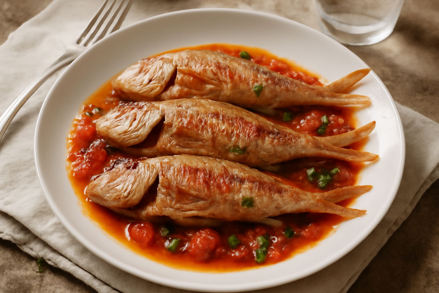 Triglie dorate in una padella di terracotta con sugo di pomodoro rosso vivo, aglio dorato e prezzemolo fresco verde, servite su piatto bianco