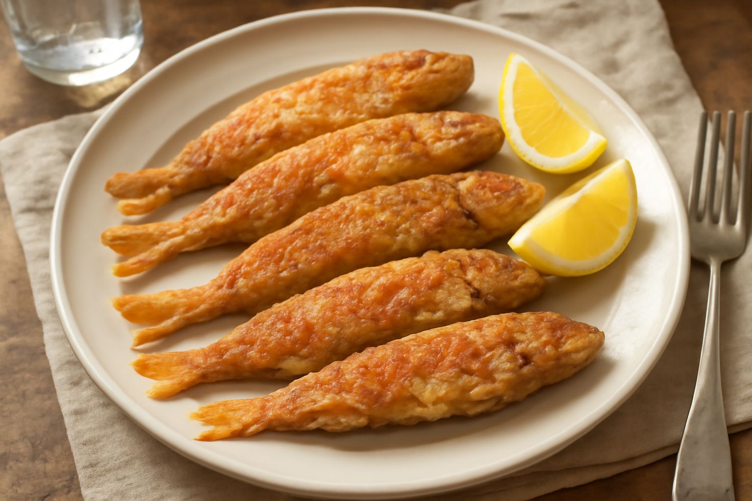 Triglie fritte dorate e croccanti disposte su carta bianca, con farina dorata ancora visibile sulla superficie, accompagnate da limone tagliato a spicchi e prezzemolo fresco verde